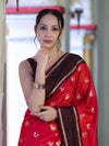 Banarasee Handloom Semi Silk Saree With Buti Design & Contrast Border-Red & Brown