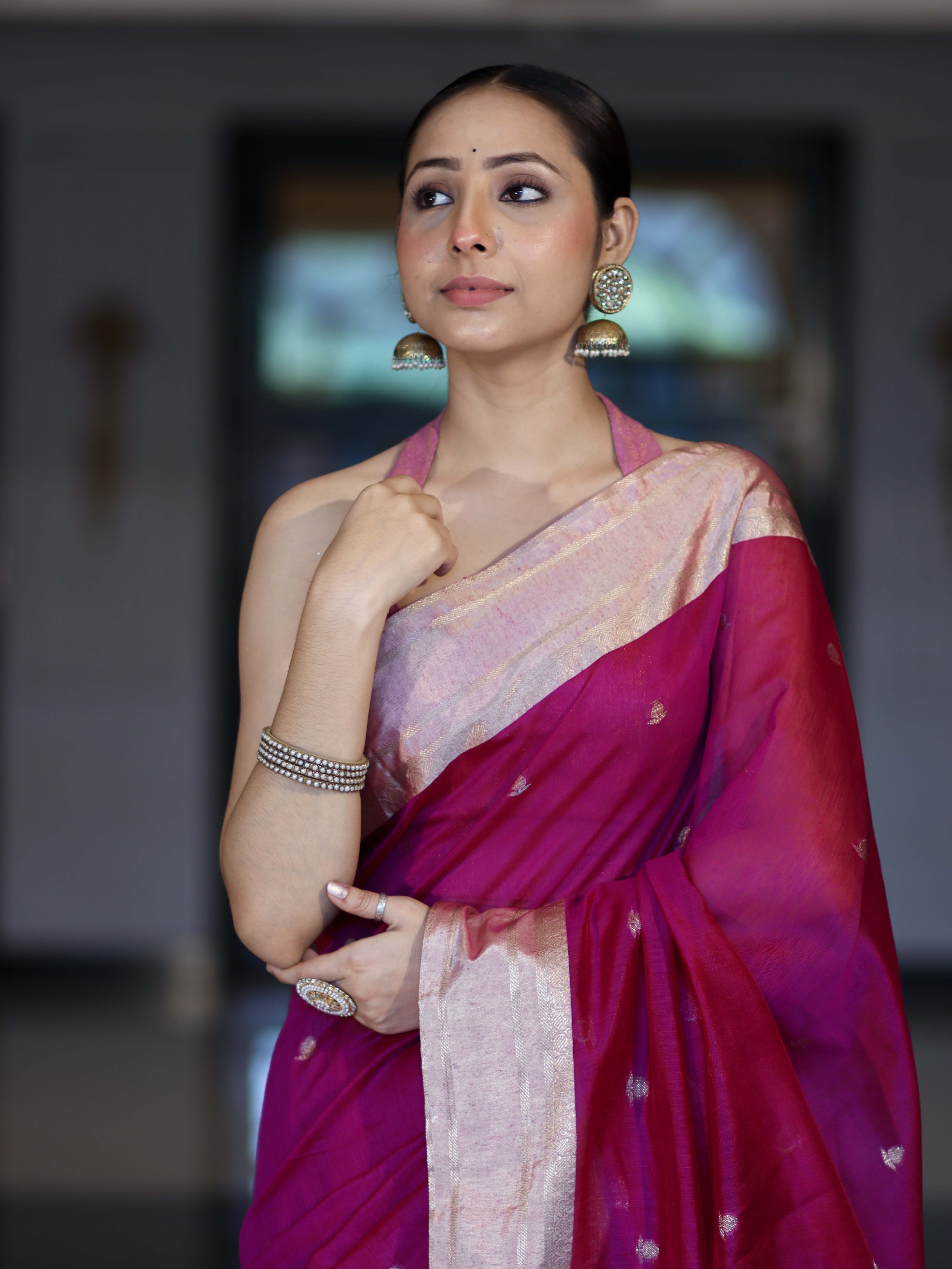 Banarasee Handloom Cotton Silk Saree With Zari Buti & Contrast Border-Magenta