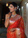 Banarasee Organza Mix Saree With Silver Zari Buti Design & Border-Orange