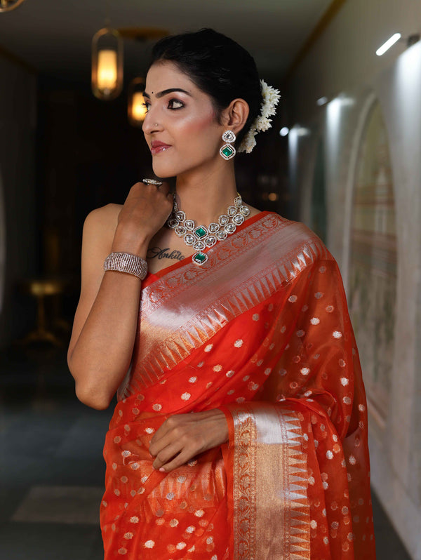Banarasee Organza Mix Saree With Silver Zari Buti Design & Border-Orange