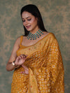 Banarasee Handloom Semi Silk Bandhej Saree With Broad Zari Floral Border-Mustard Yellow