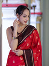 Banarasee Handloom Semi Silk Saree With Buti Design & Contrast Border-Red & Brown