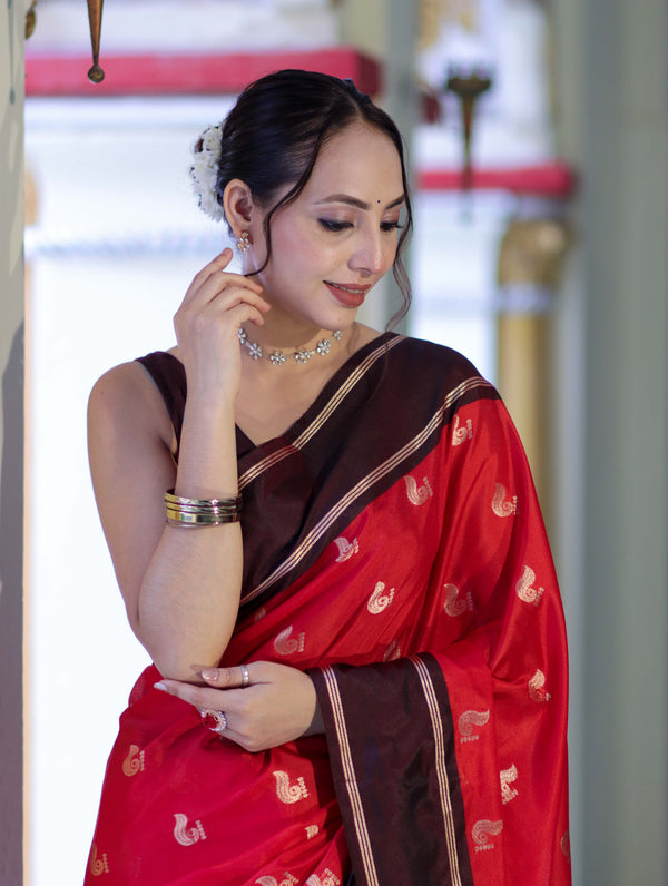 Banarasee Handloom Semi Silk Saree With Buti Design & Contrast Border-Red & Brown