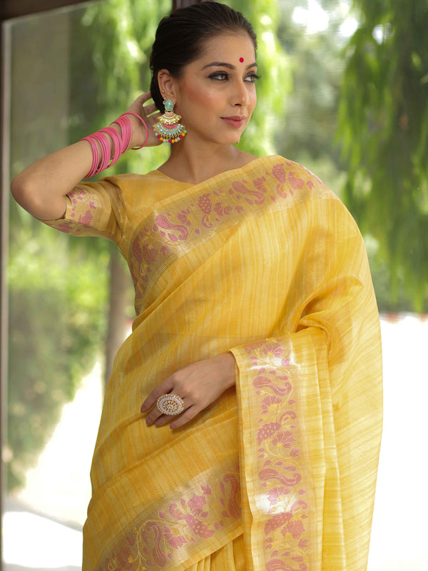 Banarasee Handloom Linen Tissue Meena & Zari Border Saree-Yellow