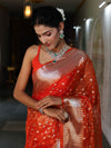 Banarasee Organza Mix Saree With Silver Zari Buti Design & Border-Orange