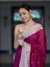 Banarasee Handloom Cotton Silk Saree With Zari Buti & Contrast Border-Magenta