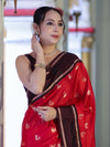 Banarasee Handloom Semi Silk Saree With Buti Design & Contrast Border-Red & Brown