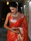 Banarasee Organza Mix Saree With Silver Zari Buti Design & Border-Orange