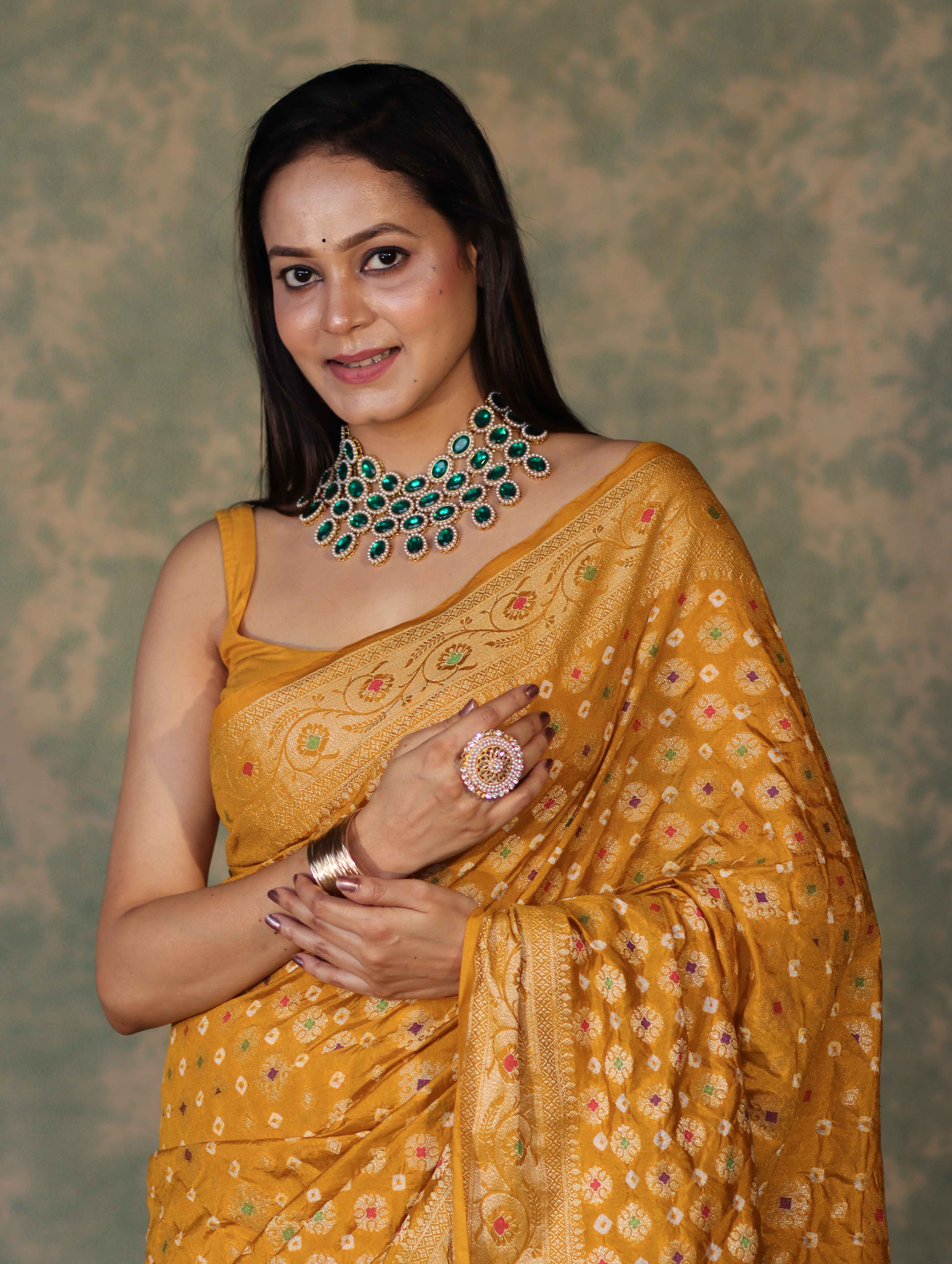 Banarasee Handloom Semi Silk Bandhej Saree With Broad Zari Floral Border-Mustard Yellow