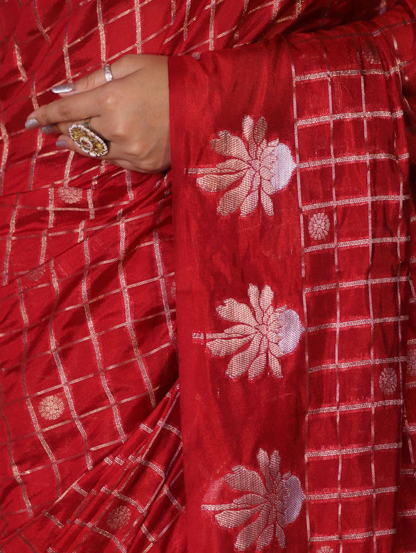 Banarasee Handloom Georgette Saree With Sona Rupa Zari Work & Checks Design-Red