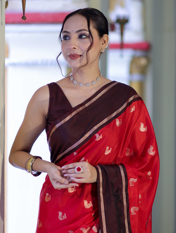 Banarasee Handloom Semi Silk Saree With Buti Design & Contrast Border-Red & Brown