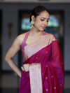 Banarasee Handloom Cotton Silk Saree With Zari Buti & Contrast Border-Magenta