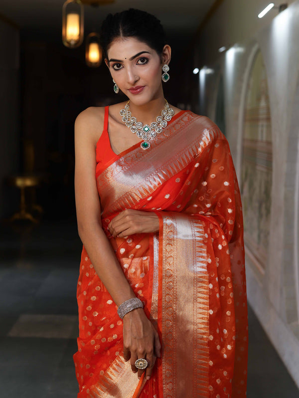 Banarasee Organza Mix Saree With Silver Zari Buti Design & Border-Orange