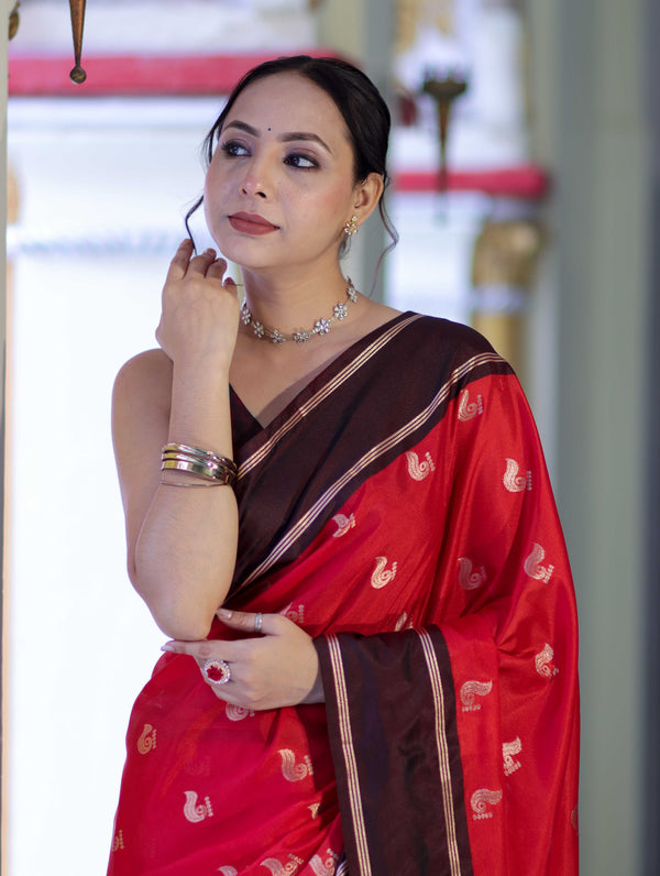 Banarasee Handloom Semi Silk Saree With Buti Design & Contrast Border-Red & Brown