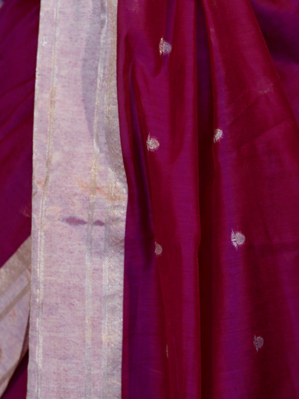 Banarasee Handloom Cotton Silk Saree With Zari Buti & Contrast Border-Magenta