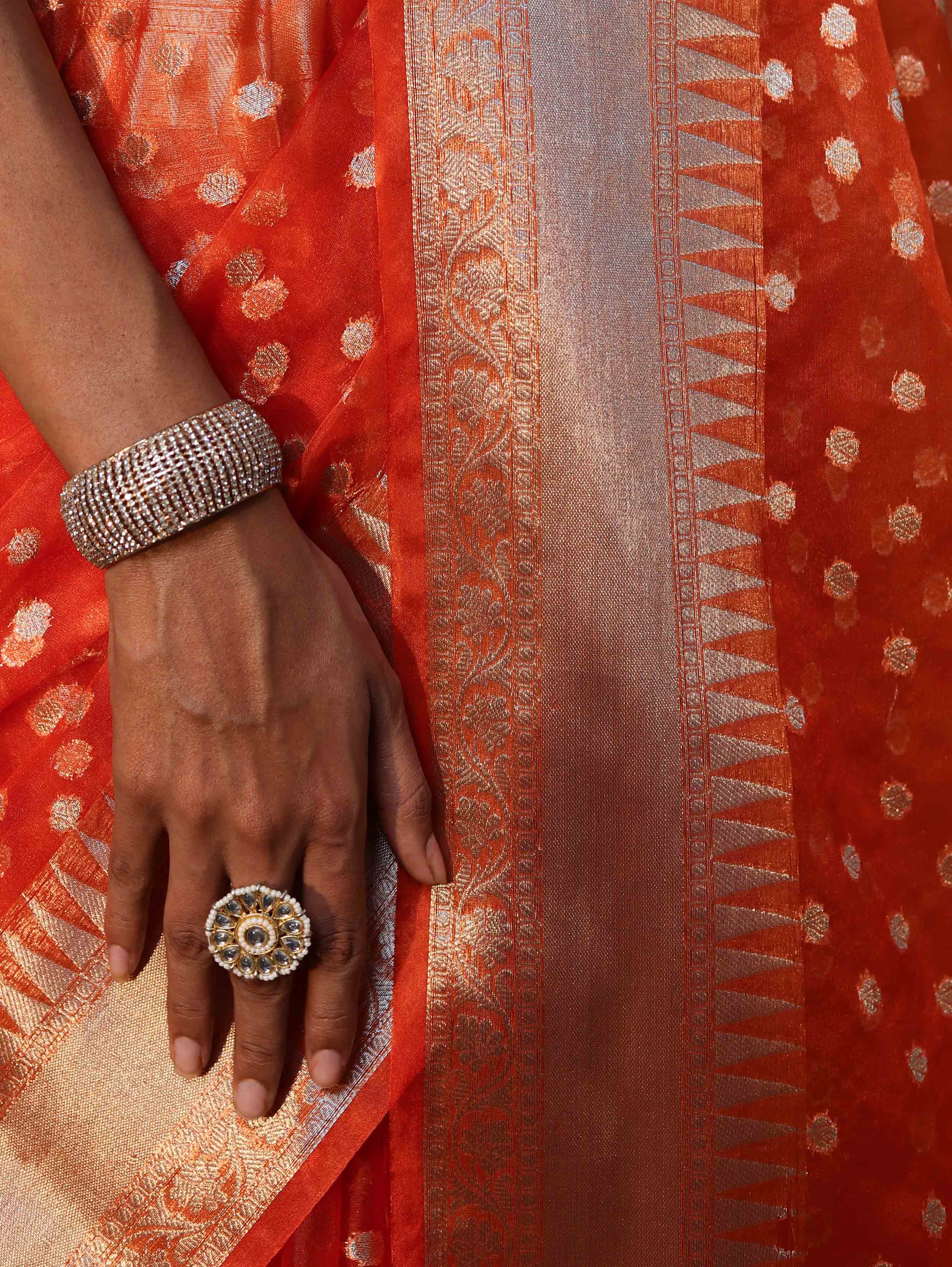 Banarasee Organza Mix Saree With Silver Zari Buti Design & Border-Orange