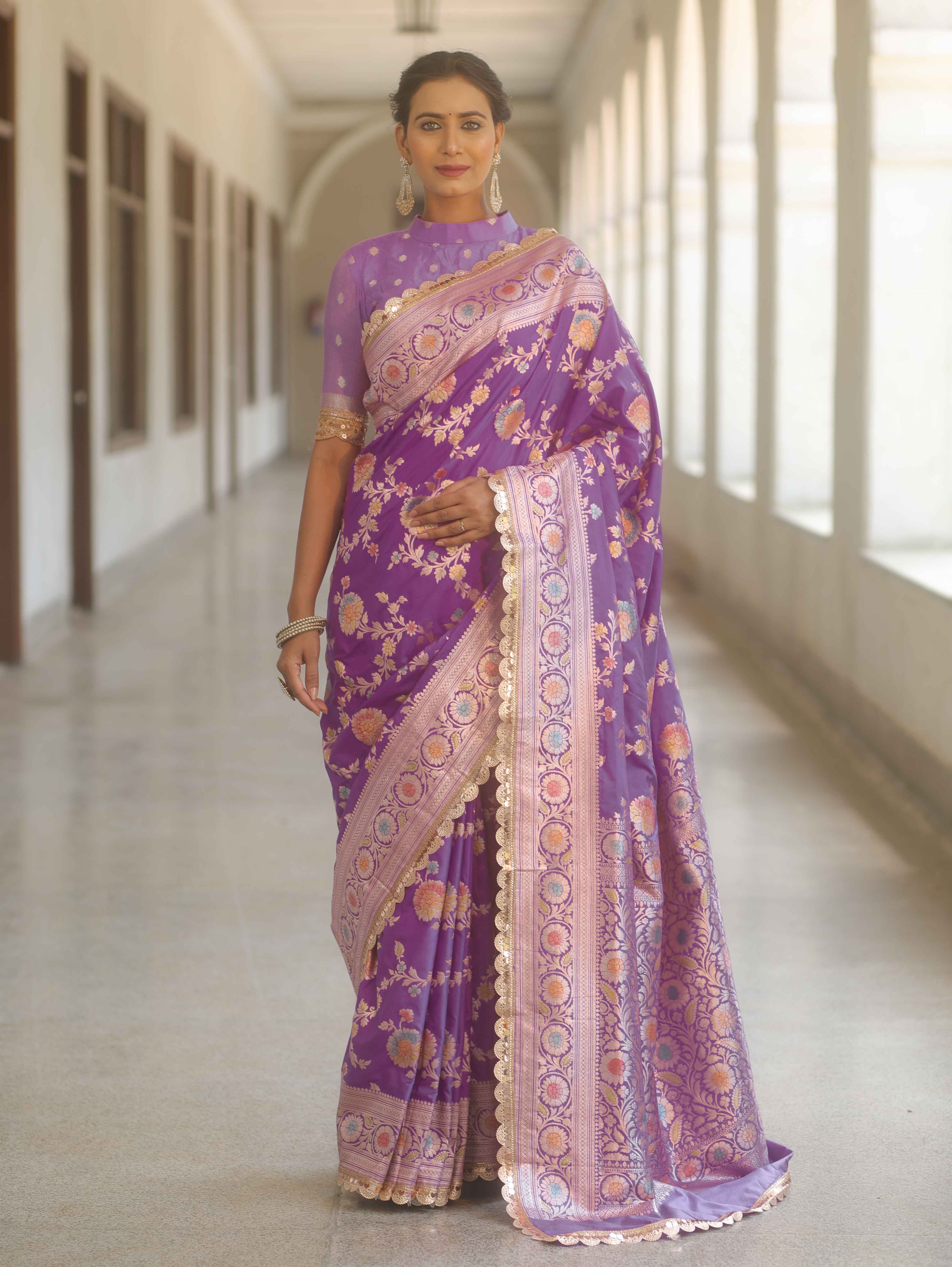Banarasee Handwoven Semi Katan Saree With Hand Paint Zari Jaal Design & Lace-Purple
