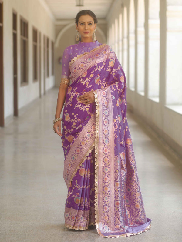 Banarasee Handwoven Semi Katan Saree With Hand Paint Zari Jaal Design & Lace-Purple