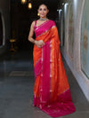 Banarasee Cotton Silk Kota Checks Saree With Buti Design & Contrast Border-Orange & Pink
