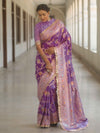 Banarasee Handwoven Semi Katan Saree With Hand Paint Zari Jaal Design & Lace-Purple