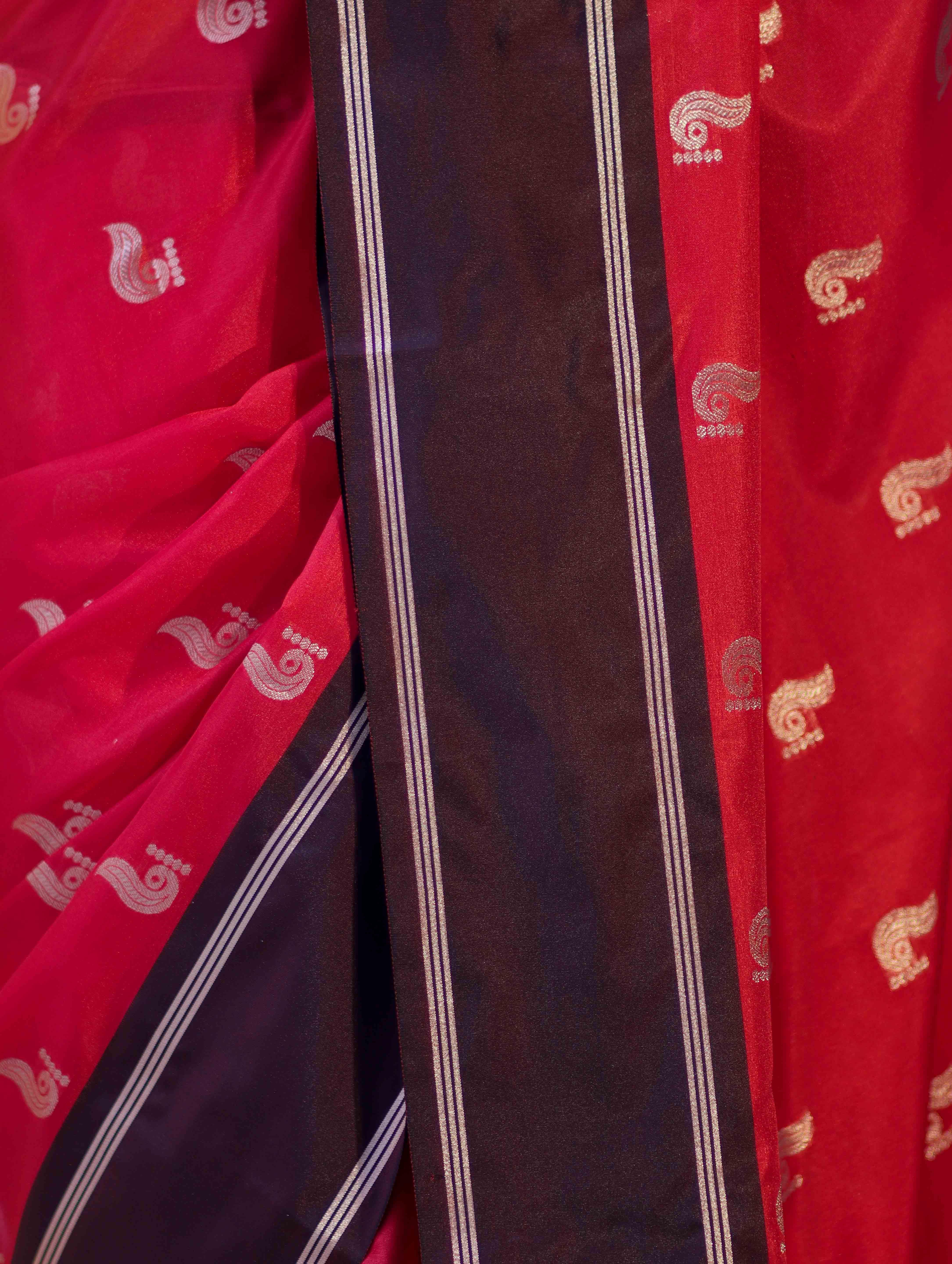 Banarasee Handloom Semi Silk Saree With Buti Design & Contrast Border-Red & Brown