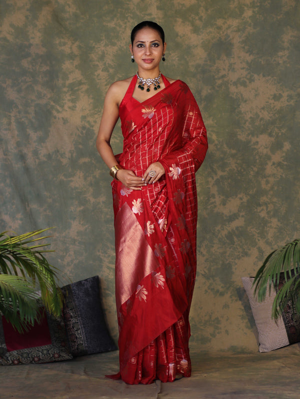 Banarasee Handloom Georgette Saree With Sona Rupa Zari Work & Checks Design-Red