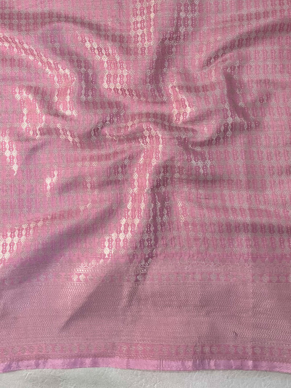 Banarasee Handwoven Semi Silk Saree With Silver Zari Jaal Design-Baby Pink