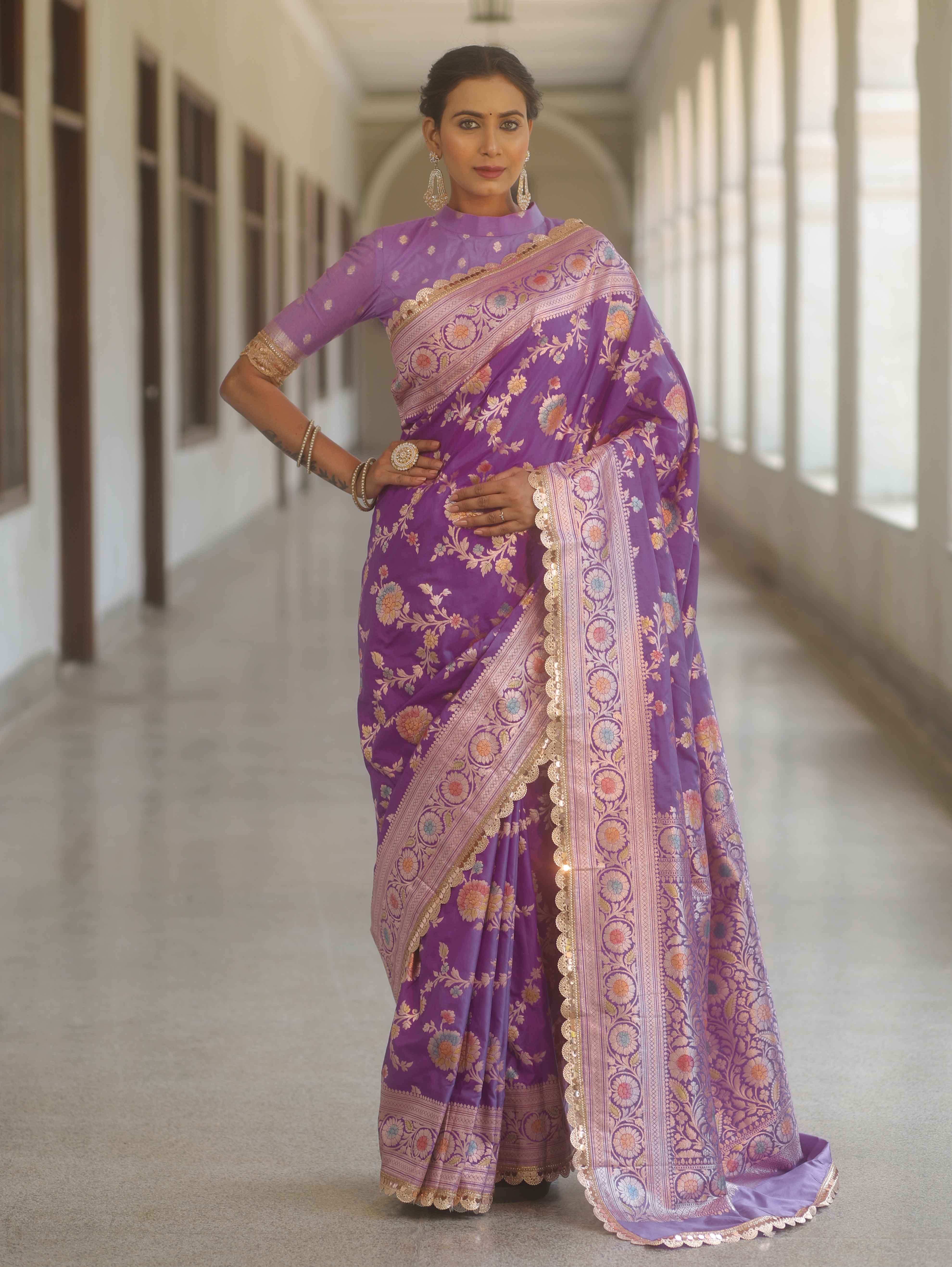 Banarasee Handwoven Semi Katan Saree With Hand Paint Zari Jaal Design & Lace-Purple