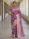 Banarasee Handwoven Semi Katan Saree With Hand Paint Zari Jaal Design & Lace-Purple