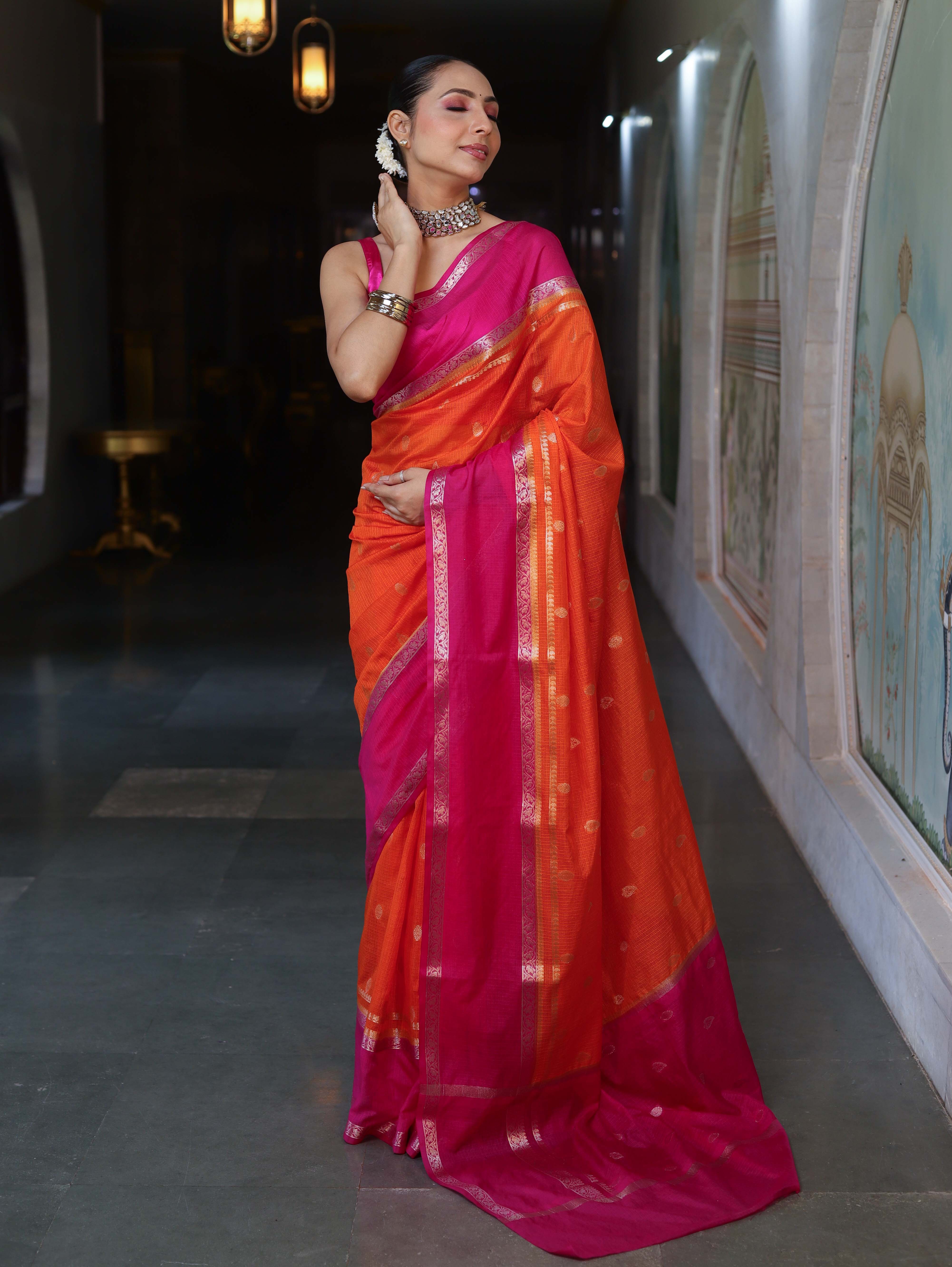 Banarasee Cotton Silk Kota Checks Saree With Buti Design & Contrast Border-Orange & Pink