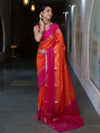 Banarasee Cotton Silk Kota Checks Saree With Buti Design & Contrast Border-Orange & Pink
