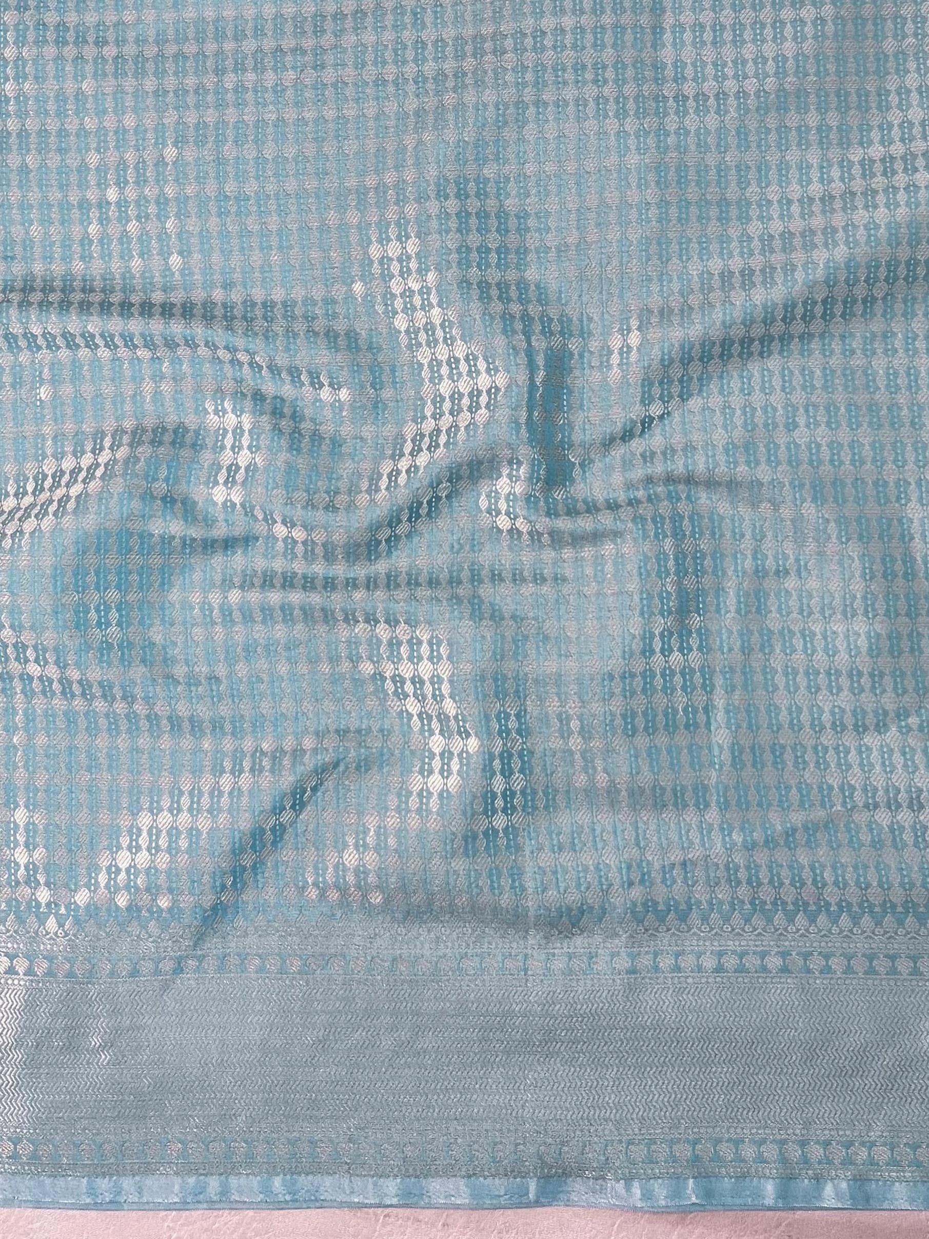 Banarasee Handwoven Semi Silk Saree With Silver Zari Jaal Design-Light Blue