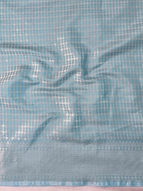 Banarasee Handwoven Semi Silk Saree With Silver Zari Jaal Design-Light Blue