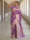 Banarasee Handwoven Semi Katan Saree With Hand Paint Zari Jaal Design & Lace-Purple