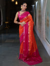 Banarasee Cotton Silk Kota Checks Saree With Buti Design & Contrast Border-Orange & Pink