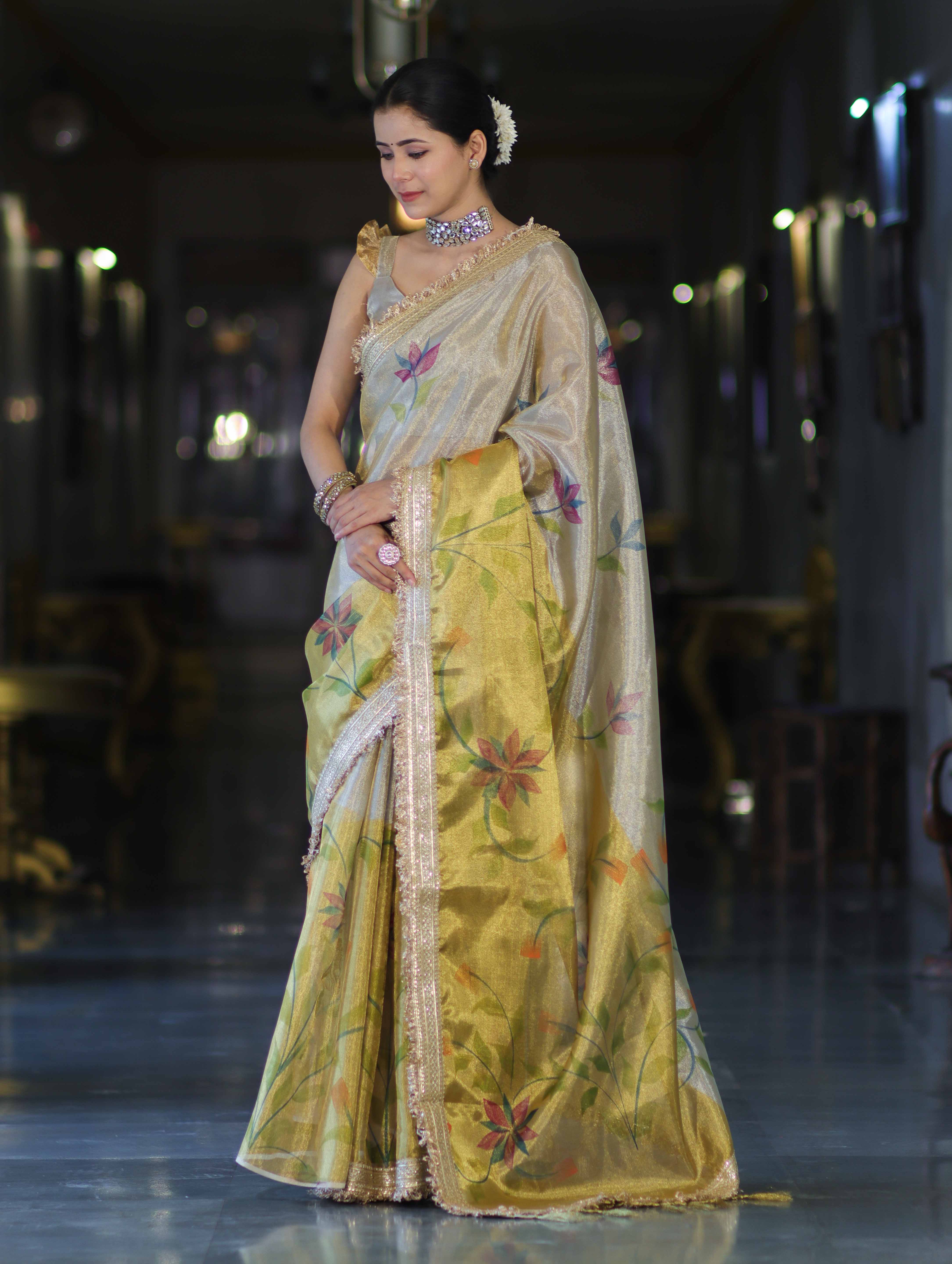 Banarasee Dual Color Tissue Saree With Digital Prints & Lace-Gold & Silver