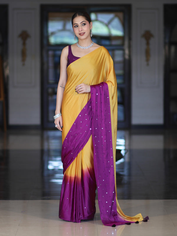 Banarasee Handloom Satin Hand Dyed Saree With Mirror Work-Mustard Yellow & Violet