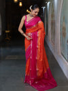 Banarasee Cotton Silk Kota Checks Saree With Buti Design & Contrast Border-Orange & Pink