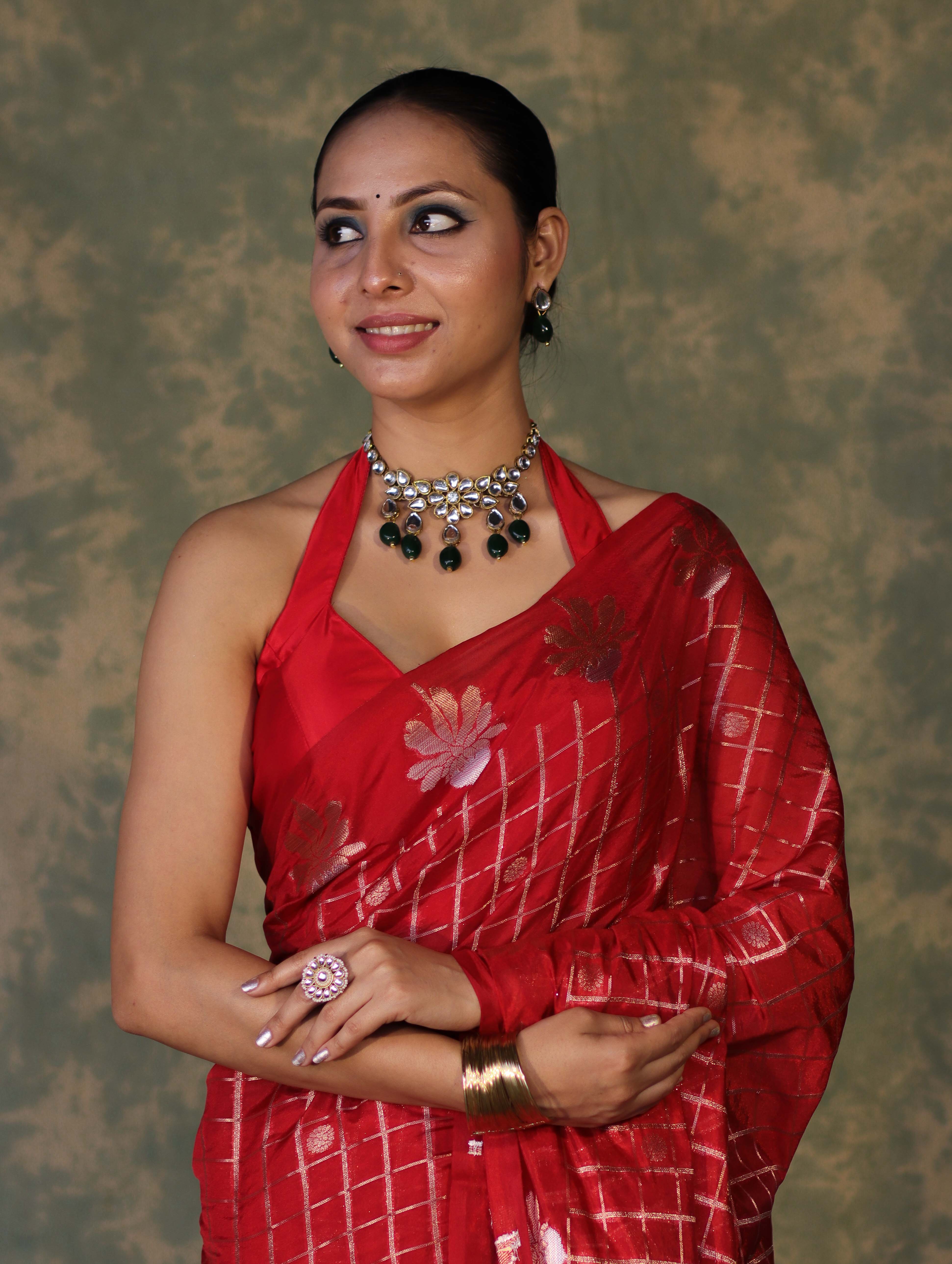 Banarasee Handloom Georgette Saree With Sona Rupa Zari Work & Checks Design-Red