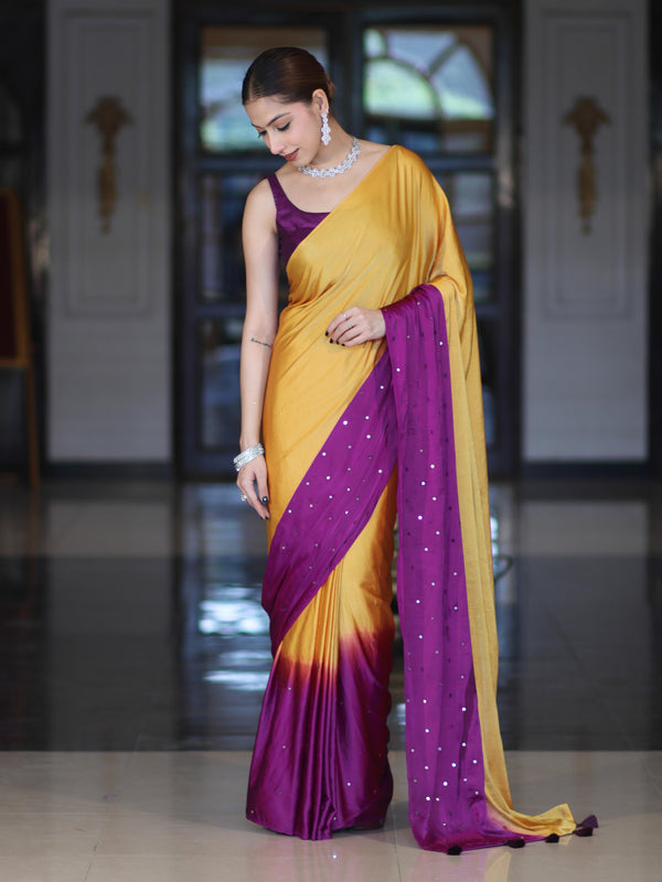 Banarasee Handloom Satin Hand Dyed Saree With Mirror Work-Mustard Yellow & Violet