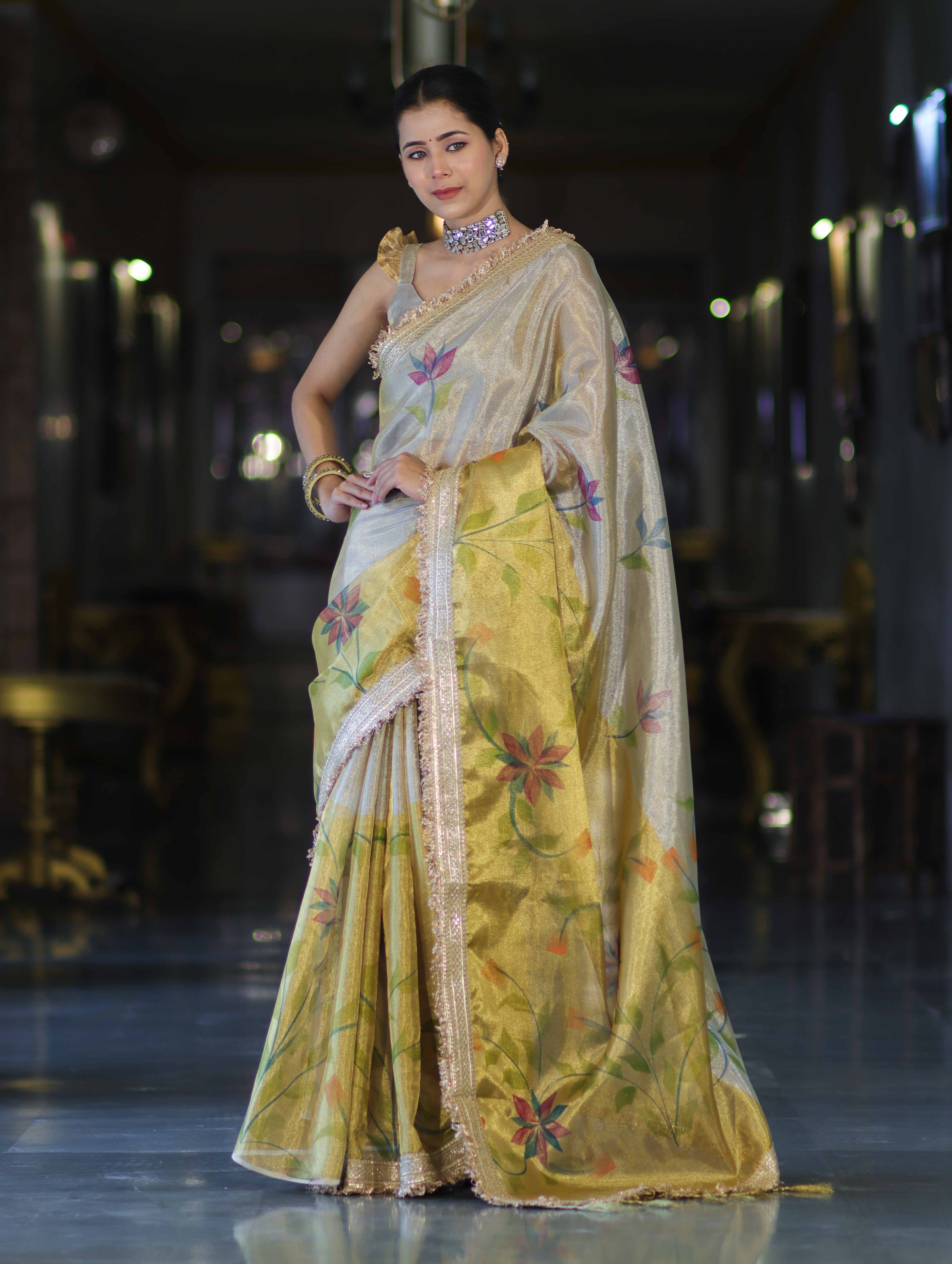 Banarasee Dual Color Tissue Saree With Digital Prints & Lace-Gold & Silver