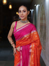 Banarasee Cotton Silk Kota Checks Saree With Buti Design & Contrast Border-Orange & Pink