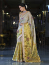Banarasee Dual Color Tissue Saree With Digital Prints & Lace-Gold & Silver
