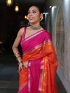 Banarasee Cotton Silk Kota Checks Saree With Buti Design & Contrast Border-Orange & Pink