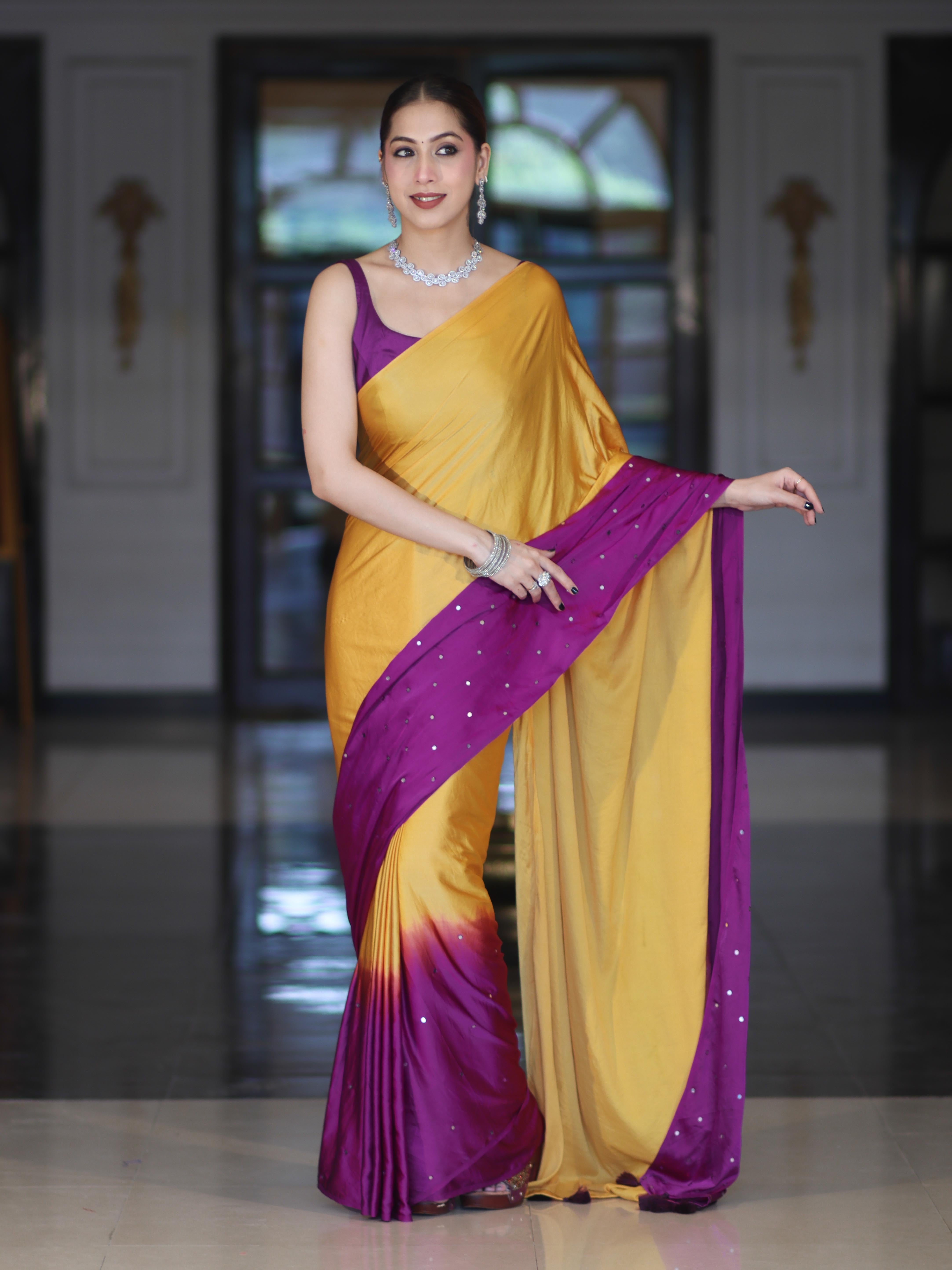 Banarasee Handloom Satin Hand Dyed Saree With Mirror Work-Mustard Yellow & Violet