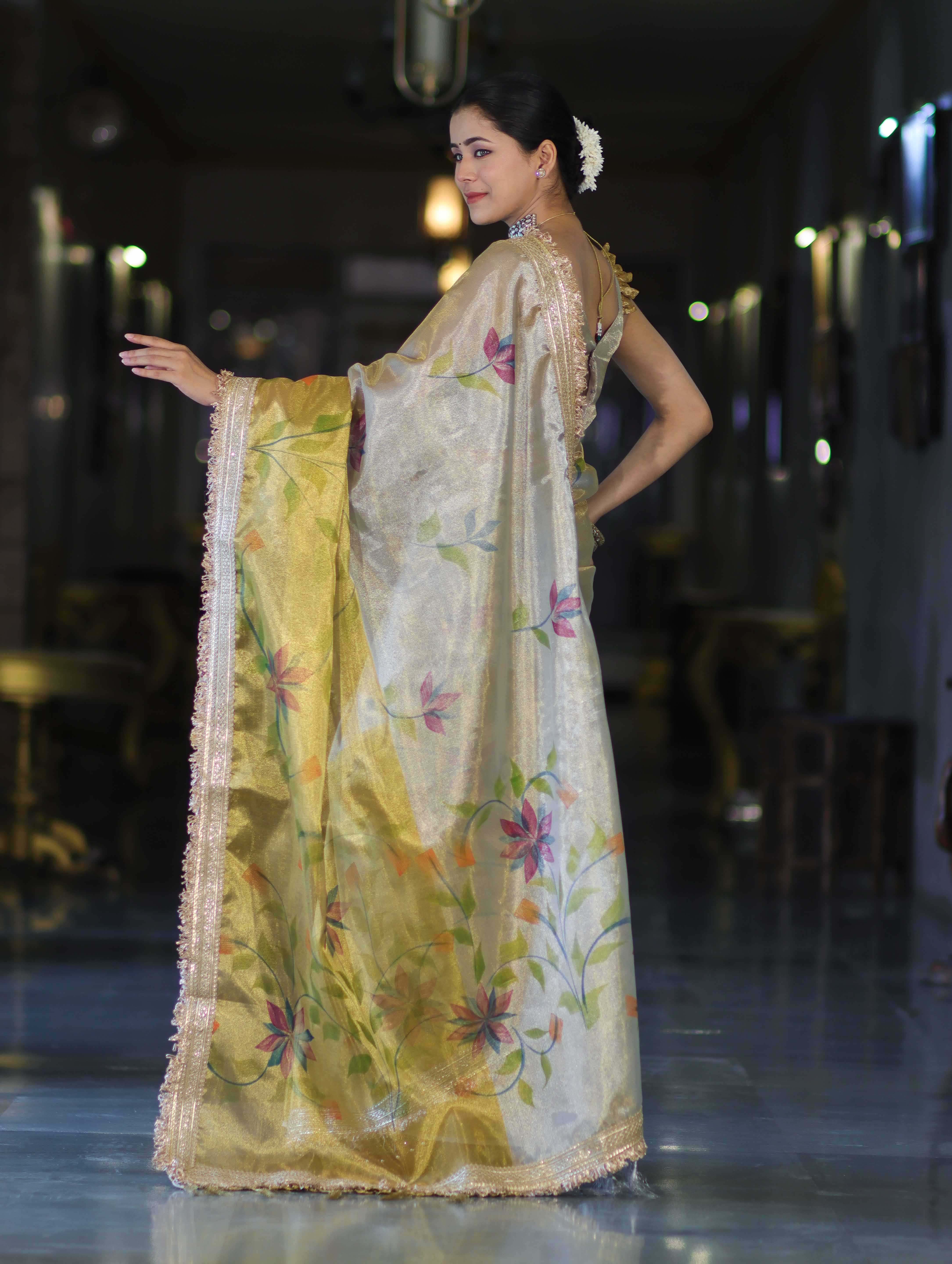 Banarasee Dual Color Tissue Saree With Digital Prints & Lace-Gold & Silver