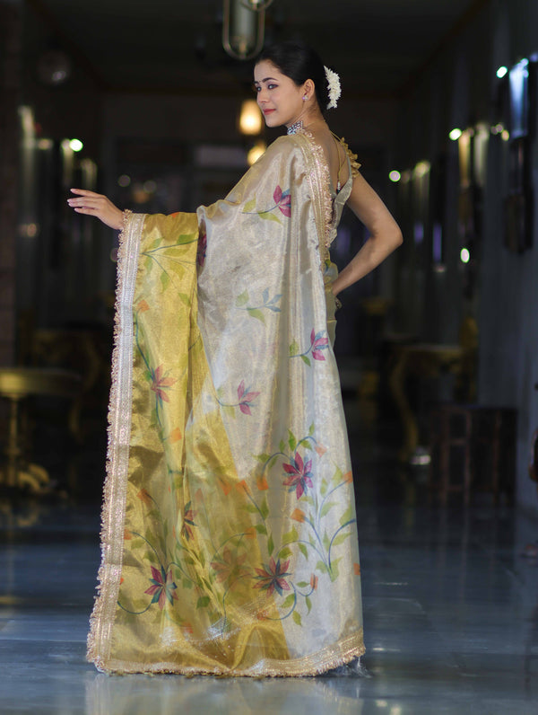 Banarasee Dual Color Tissue Saree With Digital Prints & Lace-Gold & Silver