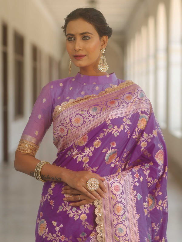 Banarasee Handwoven Semi Katan Saree With Hand Paint Zari Jaal Design & Lace-Purple