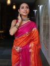 Banarasee Cotton Silk Kota Checks Saree With Buti Design & Contrast Border-Orange & Pink