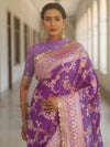 Banarasee Handwoven Semi Katan Saree With Hand Paint Zari Jaal Design & Lace-Purple